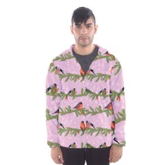 Bullfinches Sit On Branches On A Pink Background Men s Hooded Windbreaker by SychEva