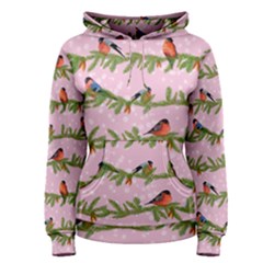 Bullfinches Sit On Branches On A Pink Background Women s Pullover Hoodie by SychEva