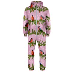 Bullfinches Sit On Branches On A Pink Background Hooded Jumpsuit (men)  by SychEva