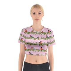 Bullfinches Sit On Branches On A Pink Background Cotton Crop Top by SychEva