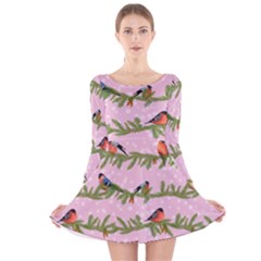 Bullfinches Sit On Branches On A Pink Background Long Sleeve Velvet Skater Dress by SychEva
