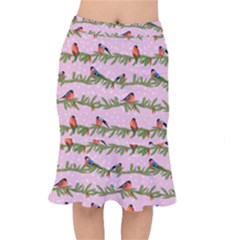 Bullfinches Sit On Branches On A Pink Background Short Mermaid Skirt by SychEva