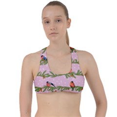 Bullfinches Sit On Branches On A Pink Background Criss Cross Racerback Sports Bra by SychEva