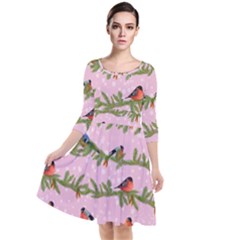 Bullfinches Sit On Branches On A Pink Background Quarter Sleeve Waist Band Dress by SychEva