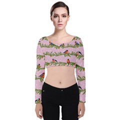 Bullfinches Sit On Branches On A Pink Background Velvet Long Sleeve Crop Top by SychEva