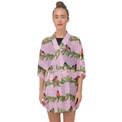 Bullfinches Sit On Branches On A Pink Background Half Sleeve Chiffon Kimono by SychEva
