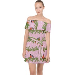 Bullfinches Sit On Branches On A Pink Background Off Shoulder Chiffon Dress by SychEva
