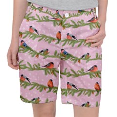 Bullfinches Sit On Branches On A Pink Background Pocket Shorts by SychEva