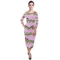 Bullfinches Sit On Branches On A Pink Background Quarter Sleeve Midi Velour Bodycon Dress by SychEva