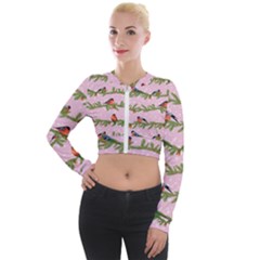Bullfinches Sit On Branches On A Pink Background Long Sleeve Cropped Velvet Jacket by SychEva