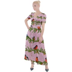 Bullfinches Sit On Branches On A Pink Background Button Up Short Sleeve Maxi Dress by SychEva