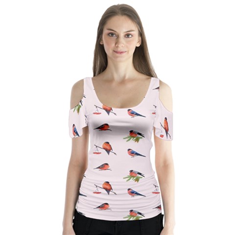 Bullfinches Sit On Branches Butterfly Sleeve Cutout Tee  by SychEva