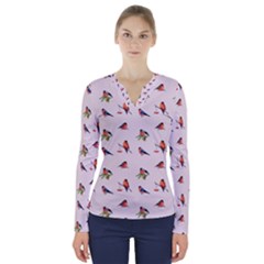 Bullfinches Sit On Branches V-neck Long Sleeve Top by SychEva