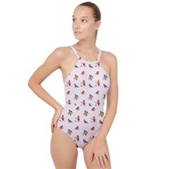 Bullfinches Sit On Branches High Neck One Piece Swimsuit by SychEva