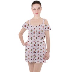 Bullfinches Sit On Branches Ruffle Cut Out Chiffon Playsuit