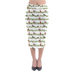 Bullfinches On The Branches Midi Pencil Skirt by SychEva