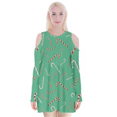 Sweet Christmas Candy Velvet Long Sleeve Shoulder Cutout Dress by SychEva