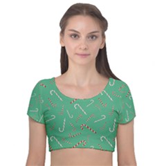 Sweet Christmas Candy Velvet Short Sleeve Crop Top  by SychEva