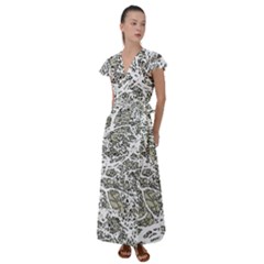 Linear Art Botanic Illustration Flutter Sleeve Maxi Dress by dflcprintsclothing