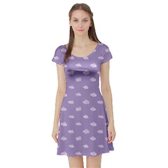 Pink Clouds On Purple Background Short Sleeve Skater Dress by SychEva