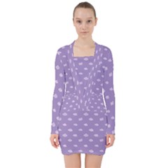 Pink Clouds On Purple Background V-neck Bodycon Long Sleeve Dress by SychEva