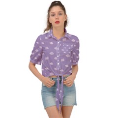 Pink Clouds On Purple Background Tie Front Shirt  by SychEva