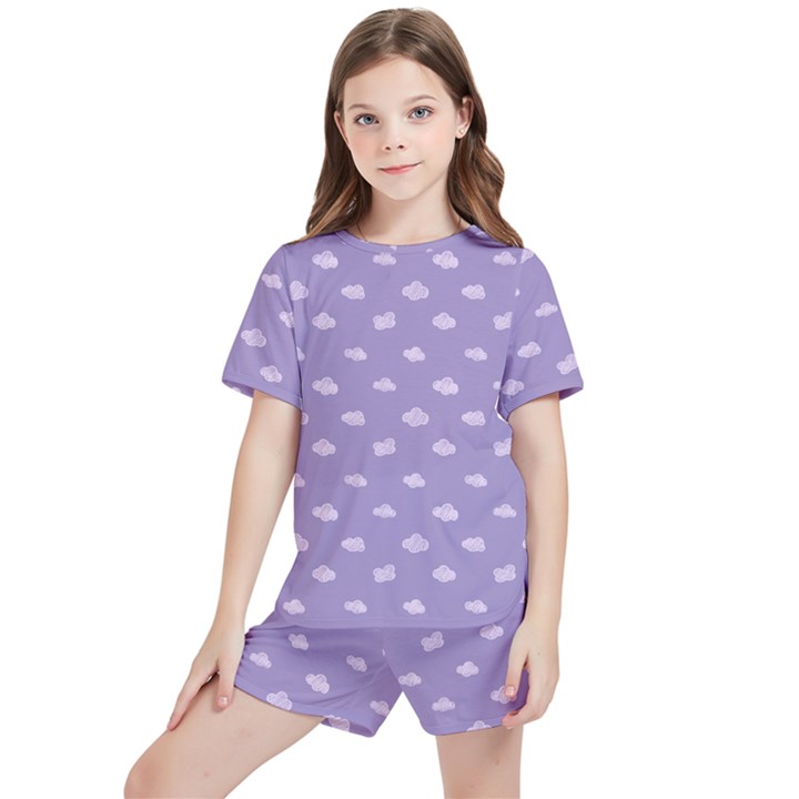 Pink Clouds On Purple Background Kids  Tee and Sports Shorts Set