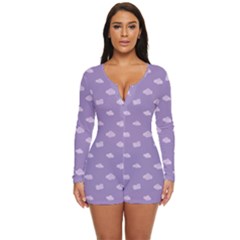 Pink Clouds On Purple Background Long Sleeve Boyleg Swimsuit by SychEva