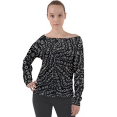 Black And White Modern Intricate Ornate Pattern Off Shoulder Long Sleeve Velour Top by dflcprintsclothing