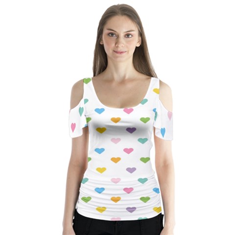 Small Multicolored Hearts Butterfly Sleeve Cutout Tee  by SychEva