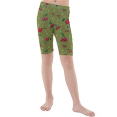 Red Cherries Athletes Kids  Mid Length Swim Shorts by SychEva