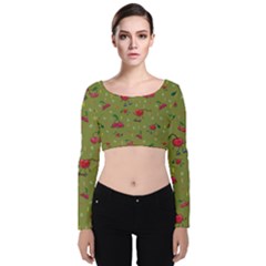 Red Cherries Athletes Velvet Long Sleeve Crop Top by SychEva