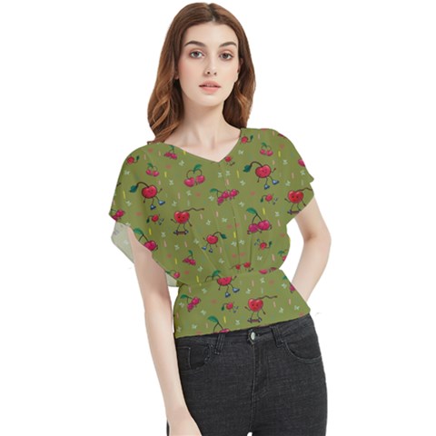 Red Cherries Athletes Butterfly Chiffon Blouse by SychEva
