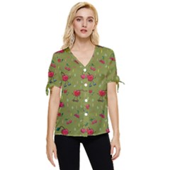 Red Cherries Athletes Bow Sleeve Button Up Top by SychEva