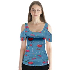 Red Cherries Athletes Butterfly Sleeve Cutout Tee 