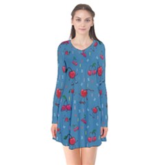 Red Cherries Athletes Long Sleeve V-neck Flare Dress