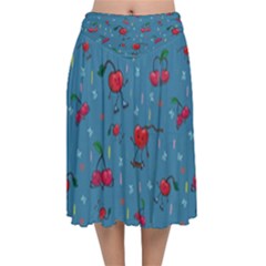 Red Cherries Athletes Velvet Flared Midi Skirt