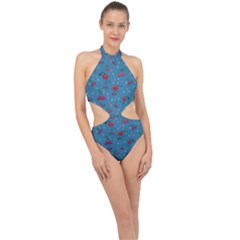 Red Cherries Athletes Halter Side Cut Swimsuit