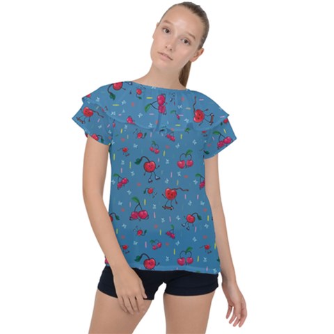 Red Cherries Athletes Ruffle Collar Chiffon Blouse by SychEva