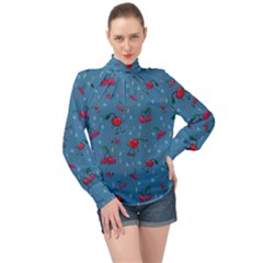 Red Cherries Athletes High Neck Long Sleeve Chiffon Top