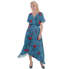 Red Cherries Athletes Cross Front Sharkbite Hem Maxi Dress