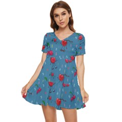 Red Cherries Athletes Tiered Short Sleeve Mini Dress