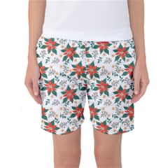 Large Christmas Poinsettias On White Women s Basketball Shorts by PodArtist