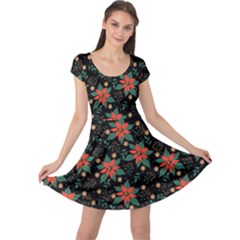 Large Christmas Poinsettias On Black Cap Sleeve Dress by PodArtist