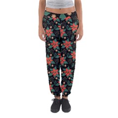 Large Christmas Poinsettias On Black Women s Jogger Sweatpants by PodArtist