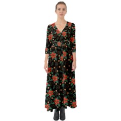 Large Christmas Poinsettias On Black Button Up Boho Maxi Dress by PodArtist