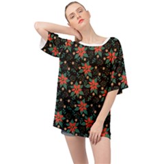 Large Christmas Poinsettias On Black Oversized Chiffon Top by PodArtist