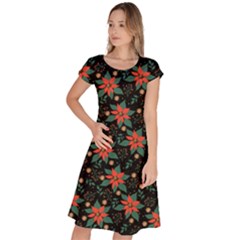 Large Christmas Poinsettias On Black Classic Short Sleeve Dress by PodArtist