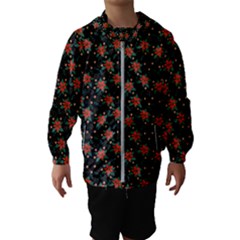 Medium Red Christmas Poinsettias on Black Kids  Hooded Windbreaker