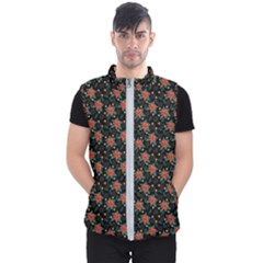 Medium Red Christmas Poinsettias On Black Men s Puffer Vest by PodArtist